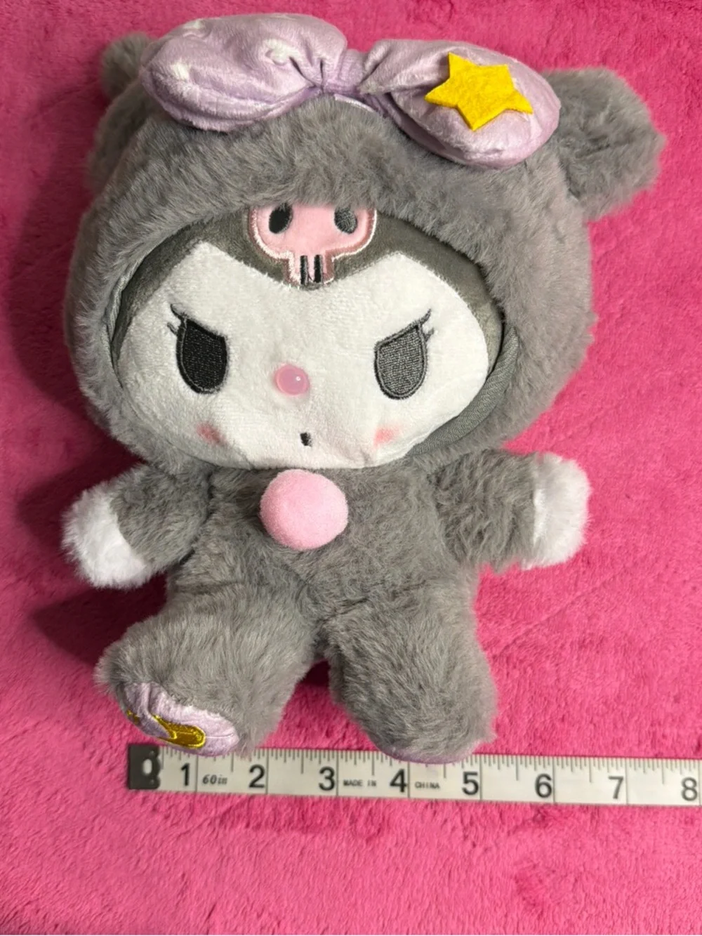Gray Plush Character Doll with Pink Accents and Star Bow